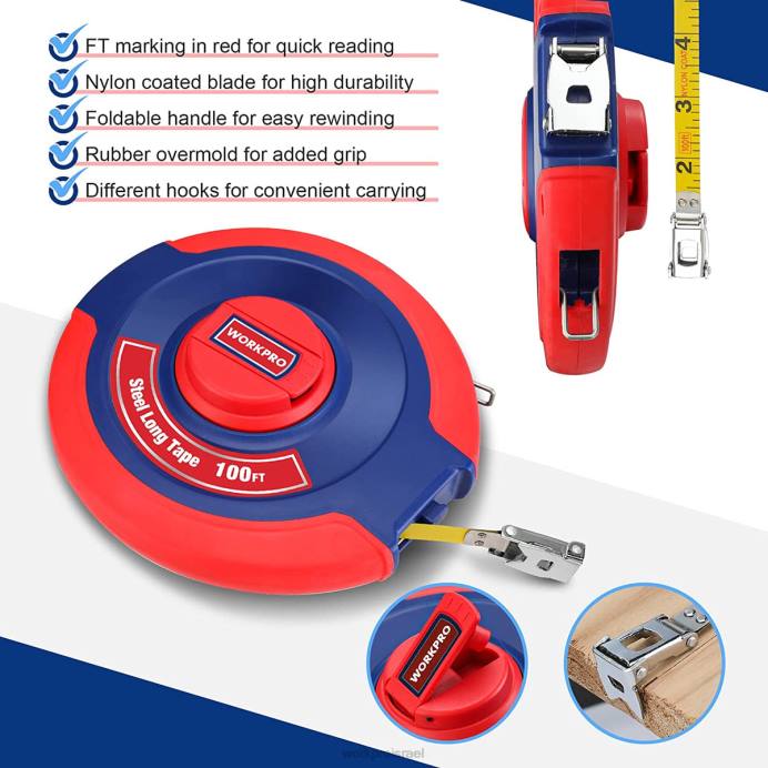 חָדָשׁ WORKPRO סרט מדידה באורך 100 רגל, סרט ארוך מפלדת סליל סגור עם ידית מתקפלת, מארז עמיד בפני זעזועים כְּלִי L40Z106