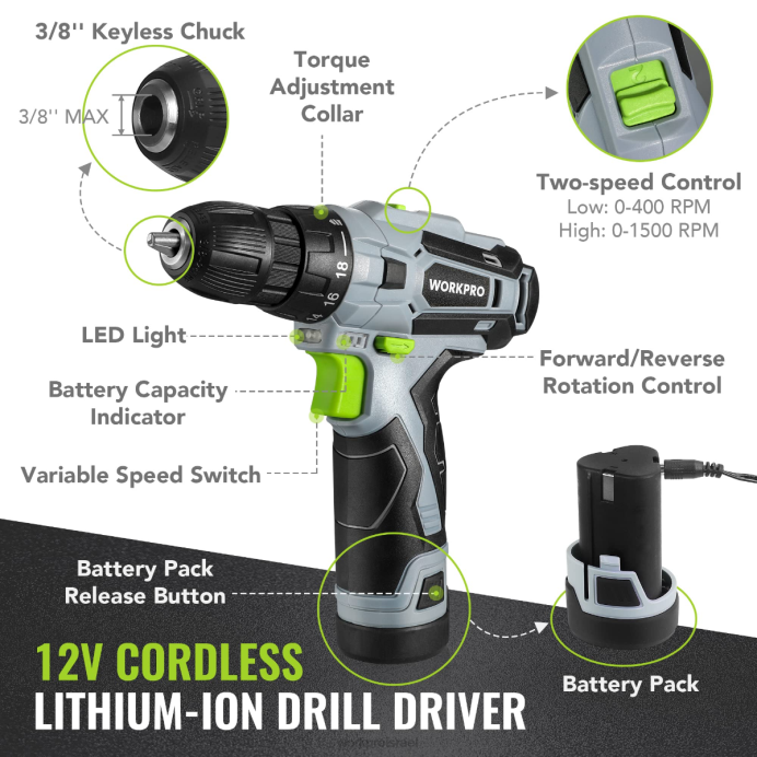 ורוד/אפור WORKPRO סט כלים נייד 108 חלקים עם מקדחה חשמלית כְּלִי L40Z173