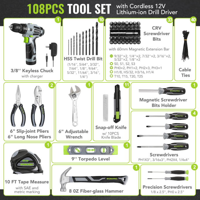 ורוד/אפור WORKPRO סט כלים נייד 108 חלקים עם מקדחה חשמלית כְּלִי L40Z173