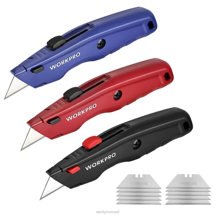 שחור/כחול/אדום WORKPRO סכין שירות פרימיום, חותך קופסאות כבד מתכת נשלף, סכין גילוח להחלפה מהירה, עם 10 להבים נוספים כְּלִי L40Z51