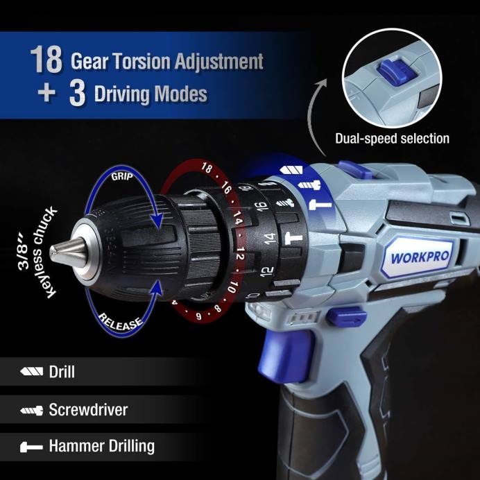 מוֹעִיל WORKPRO מהדק פנים ומקדחה אלחוטית 12V וערכת כלים ביתית ו-10 יחידות סט מקדחי ספייד מקצועי ואקדח סיכות 4 ב-1 כבד כְּלִי L40Z318