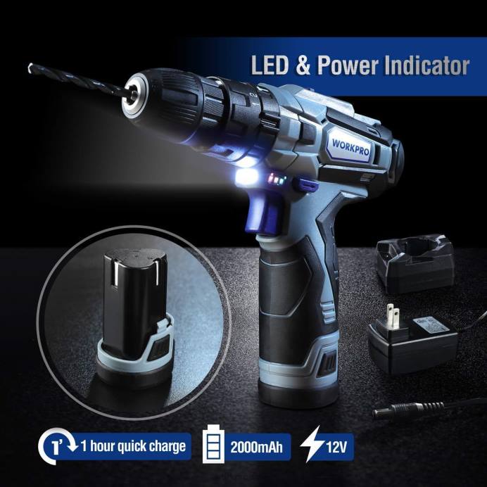 מוֹעִיל WORKPRO מהדק פנים ומקדחה אלחוטית 12V וערכת כלים ביתית ו-10 יחידות סט מקדחי ספייד מקצועי ואקדח סיכות 4 ב-1 כבד כְּלִי L40Z318