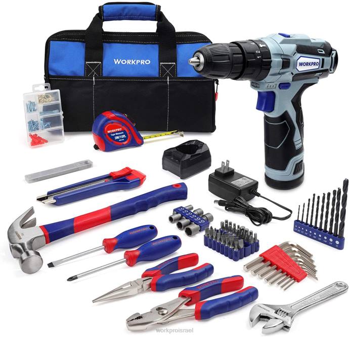 מוֹעִיל WORKPRO מקדחה אלחוטית 12V וערכת כלים ביתית, ערכה משולבת 177 יחידות עם תיק כלים כְּלִי L40Z171