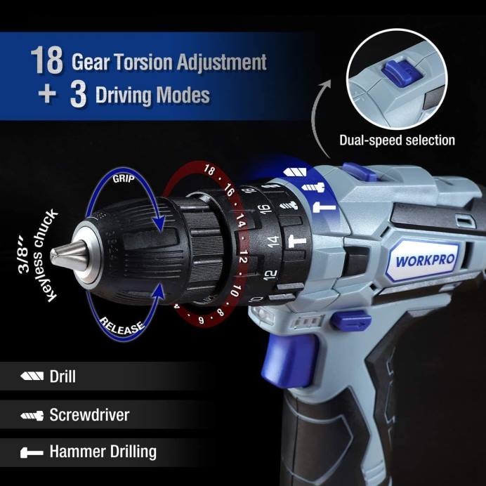 מוֹעִיל WORKPRO מקדחה אלחוטית 12V וערכת כלים ביתית, ערכה משולבת 177 יחידות עם תיק כלים כְּלִי L40Z171