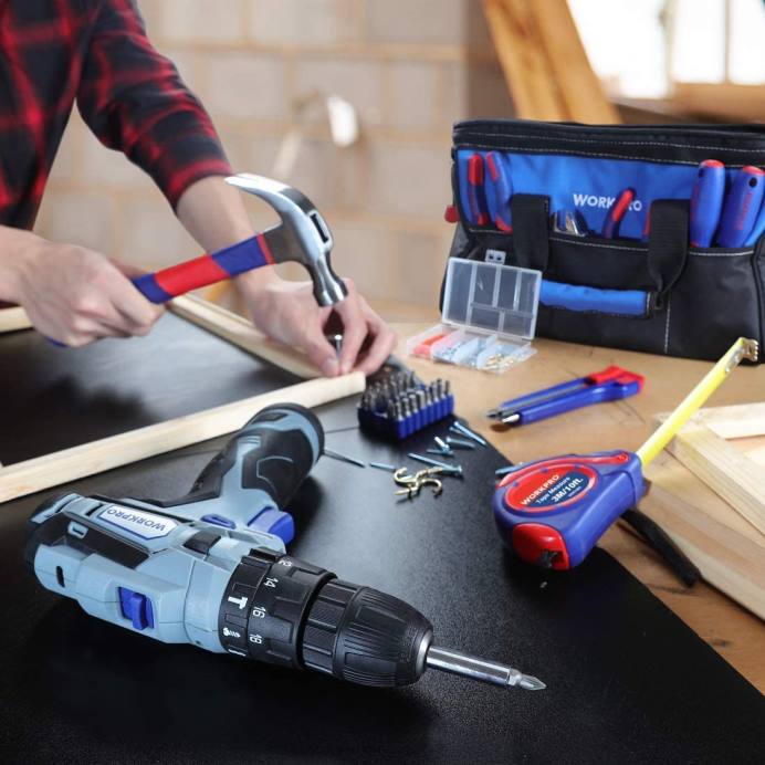 מוֹעִיל WORKPRO מקדחה אלחוטית 12V וערכת כלים ביתית, ערכה משולבת 177 יחידות עם תיק כלים כְּלִי L40Z171