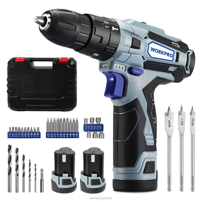 מורדן WORKPRO ערכת מקדחה אלחוטית 12V 2 מהירויות, 2 סוללות Li-ion 2000 mah ומטען מהיר כְּלִי L40Z168