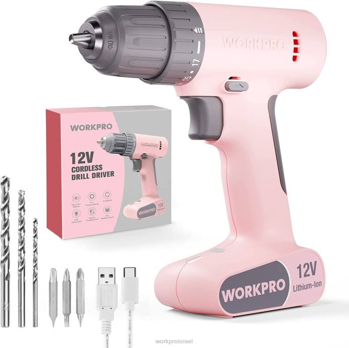 ורוד/לבן WORKPRO סט מקדחה אלחוטית 12V עם 6 סיביות, צ'אק ללא מפתח בגודל 3/8 אינץ', מהירות משתנה, הגדרת 18 טוק כְּלִי L40Z175