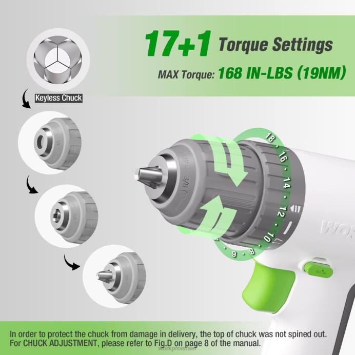 ורוד/לבן WORKPRO סט מקדחה אלחוטית 12V עם 6 סיביות, צ'אק ללא מפתח בגודל 3/8 אינץ', מהירות משתנה, הגדרת 18 טוק כְּלִי L40Z175