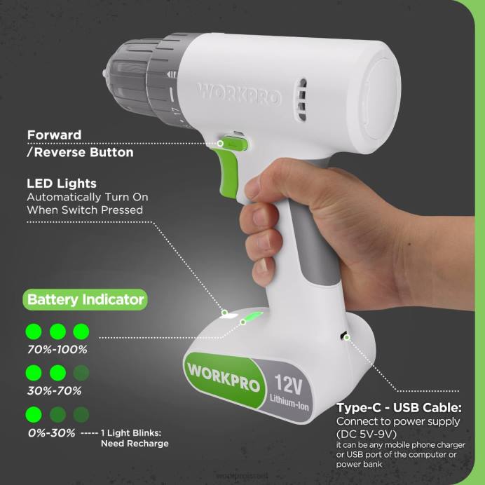 ורוד/לבן WORKPRO סט מקדחה אלחוטית 12V עם 6 סיביות, צ'אק ללא מפתח בגודל 3/8 אינץ', מהירות משתנה, הגדרת 18 טוק כְּלִי L40Z175