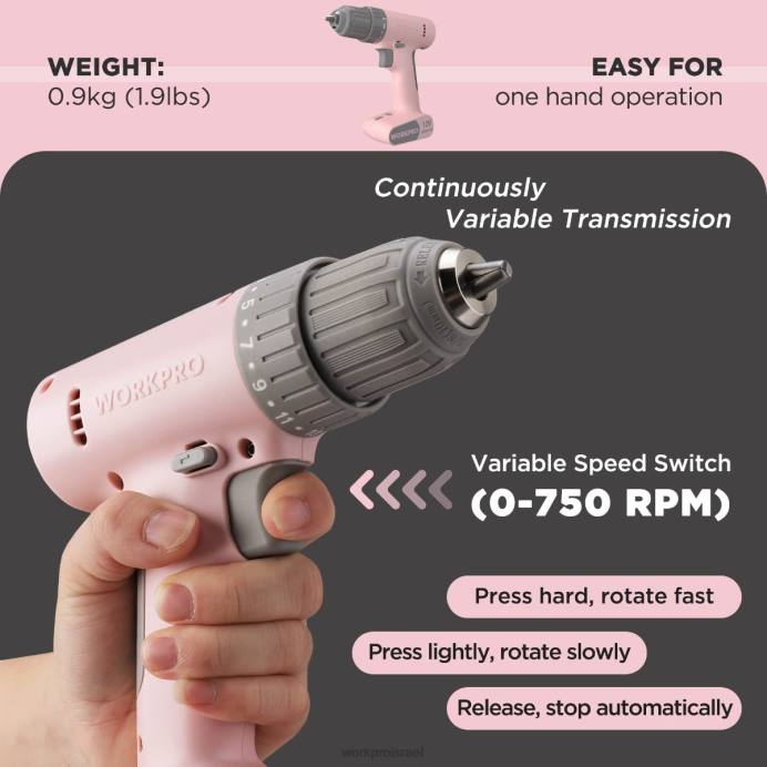 ורוד/לבן WORKPRO סט מקדחה אלחוטית 12V עם 6 סיביות, צ'אק ללא מפתח בגודל 3/8 אינץ', מהירות משתנה, הגדרת 18 טוק כְּלִי L40Z175