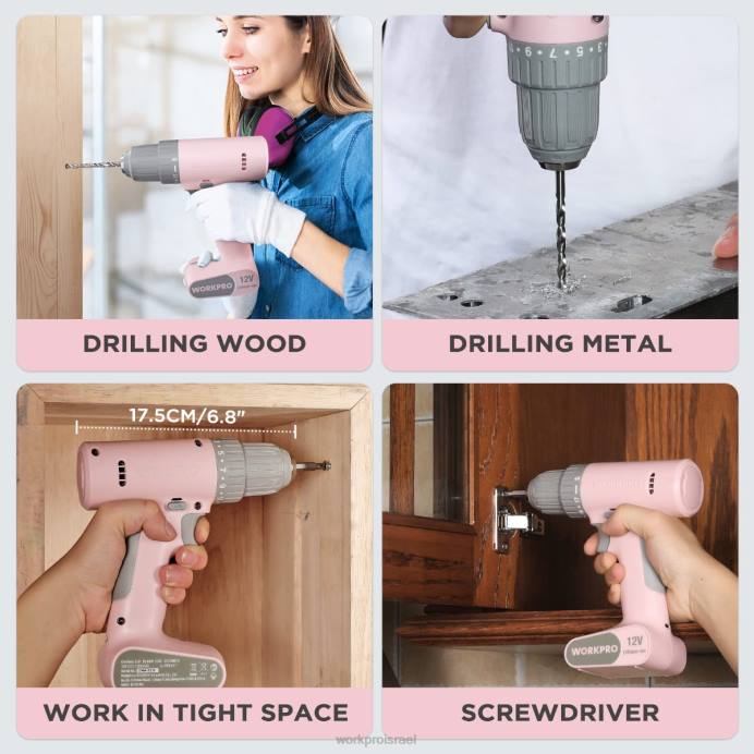 ורוד/לבן WORKPRO סט מקדחה אלחוטית 12V עם 6 סיביות, צ'אק ללא מפתח בגודל 3/8 אינץ', מהירות משתנה, הגדרת 18 טוק כְּלִי L40Z175