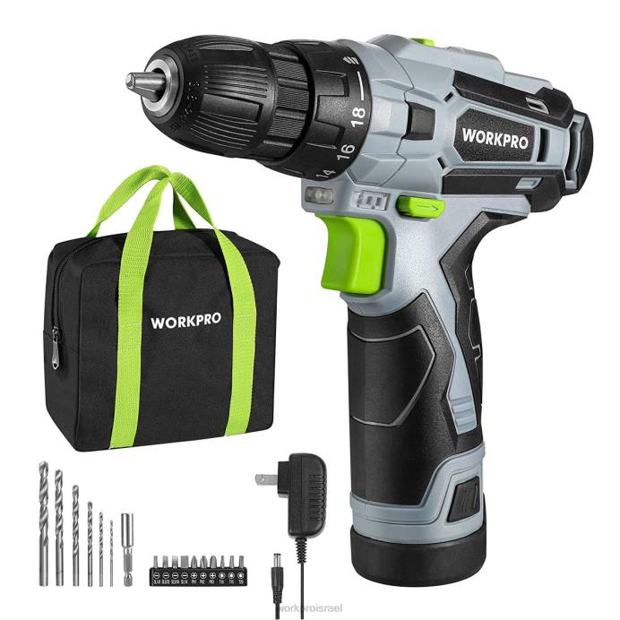 ירוק WORKPRO ערכת כונן מקדחה חשמלית 12V חשמלית ללא מפתח, מטען ותיק אחסון כלולים כְּלִי L40Z177