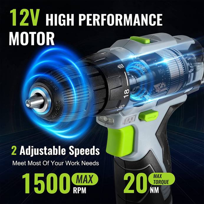 ירוק WORKPRO ערכת כונן מקדחה חשמלית 12V חשמלית ללא מפתח, מטען ותיק אחסון כלולים כְּלִי L40Z177