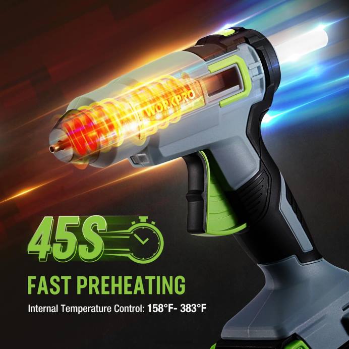 מוֹעִיל WORKPRO ערכת אקדח דבק חם אלחוטי עם 12 מקלות דבק, סוללת ליתיום 20v 2.0 ah כְּלִי L40Z165
