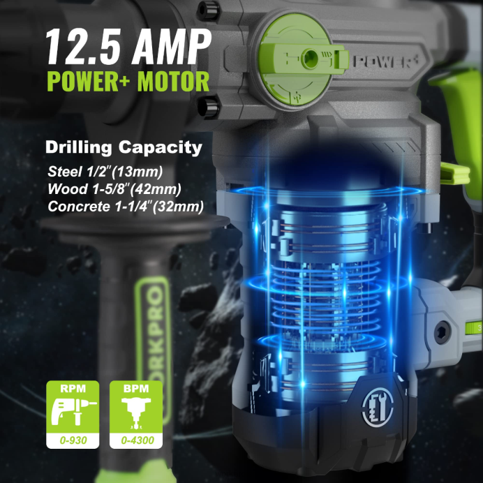 מוֹעִיל WORKPRO מקדחה סיבובית 12.5 אמפר 1-1/4 אינץ' פרימיום sds-plus, גרסת חוטים כבדה כְּלִי L40Z179