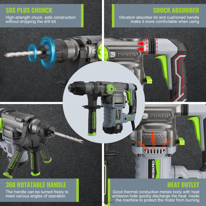 מוֹעִיל WORKPRO מקדחה סיבובית 12.5 אמפר 1-1/4 אינץ' פרימיום sds-plus, גרסת חוטים כבדה כְּלִי L40Z179