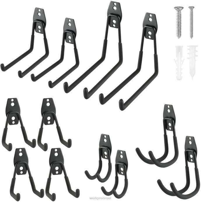 מוֹעִיל WORKPRO סט וו מוסך 12 יחידות, מתלי מוסך כבדים מפלדה, ווי תליה לקיר, קולבי כלים לאופניים, כלי גינה, סולמות ופריטים מגושמים כְּלִי L40Z133