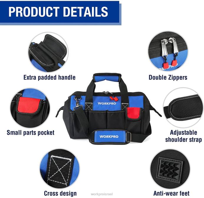 מוֹעִיל WORKPRO תיק כלים בגודל 14 אינץ', ארגונית כלים מרובה כיסים עם רצועת כתף מתכווננת אִחסוּן L40Z31