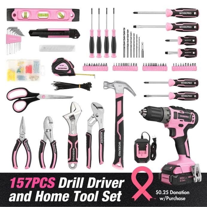 ורוד/אפור WORKPRO ערכת מקדחה אלחוטית משולבת 157 חלקים עם ליתיום-יון אלחוטי 20V כְּלִי L40Z259