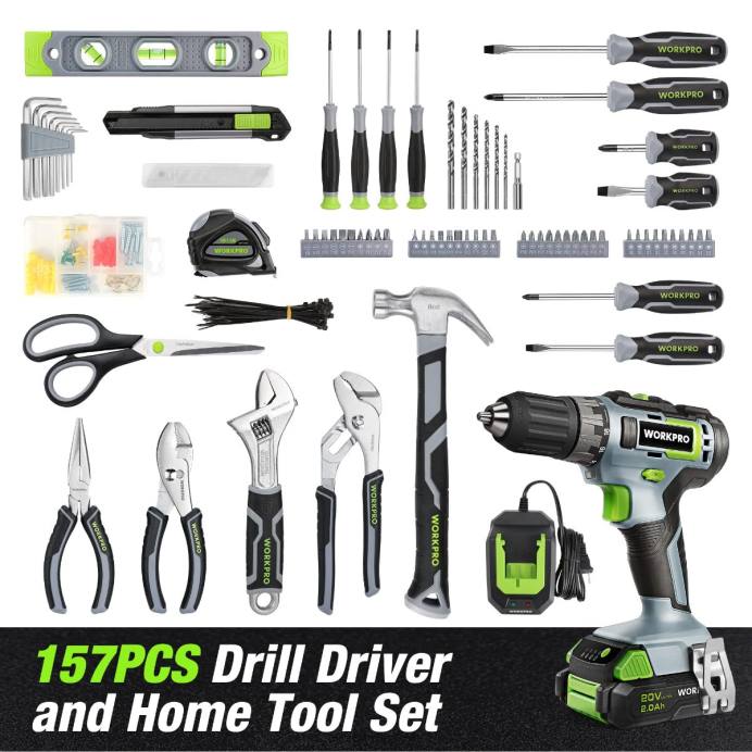 ורוד/אפור WORKPRO ערכת מקדחה אלחוטית משולבת 157 חלקים עם ליתיום-יון אלחוטי 20V כְּלִי L40Z259