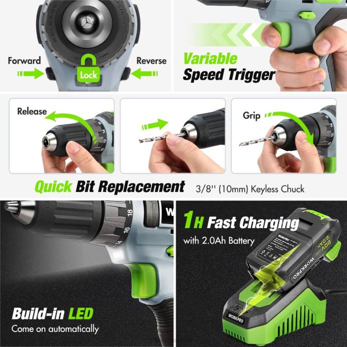 ורוד/אפור WORKPRO ערכת מקדחה אלחוטית משולבת 157 חלקים עם ליתיום-יון אלחוטי 20V כְּלִי L40Z259