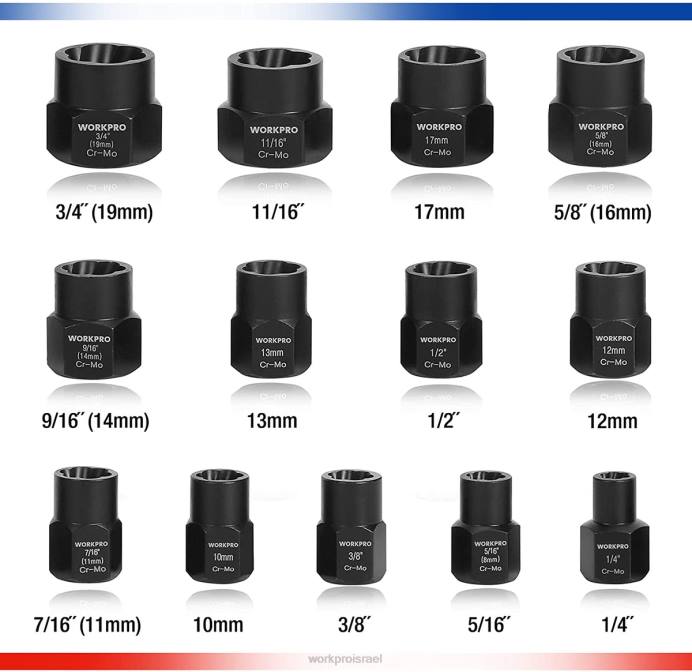מוֹעִיל WORKPRO סט 15 יחידות להסרת ברגים ואומים כְּלִי L40Z128