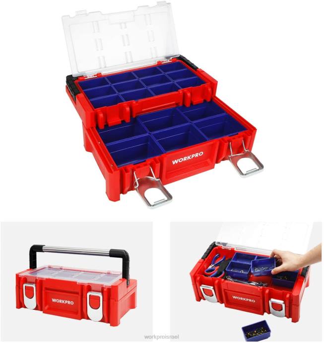 אָדוֹם WORKPRO ארגז כלים מפלסטיק 17 אינץ', ארגז אחסון עם מכסה נעילה וידית נירוסטה אִחסוּן L40Z25