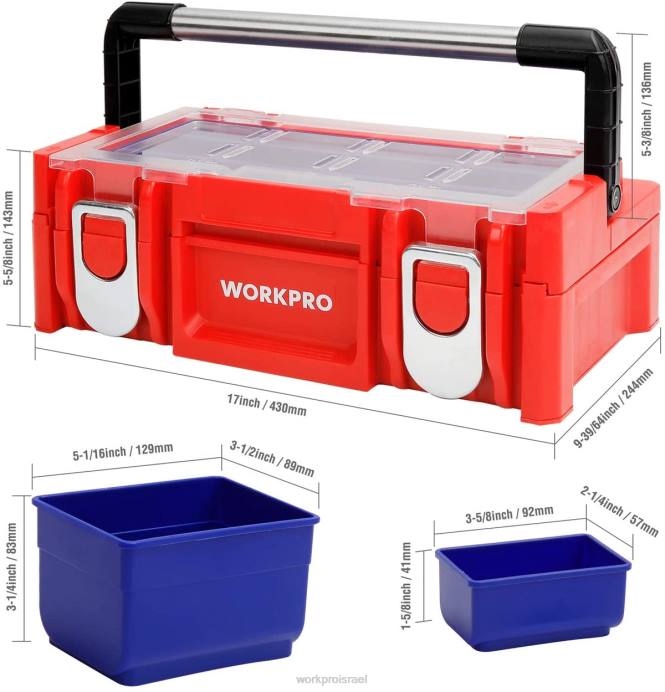 אָדוֹם WORKPRO ארגז כלים מפלסטיק 17 אינץ', ארגז אחסון עם מכסה נעילה וידית נירוסטה אִחסוּן L40Z25