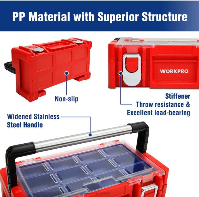 אָדוֹם WORKPRO ארגז כלים מפלסטיק 17 אינץ', ארגז אחסון עם מכסה נעילה וידית נירוסטה אִחסוּן L40Z25