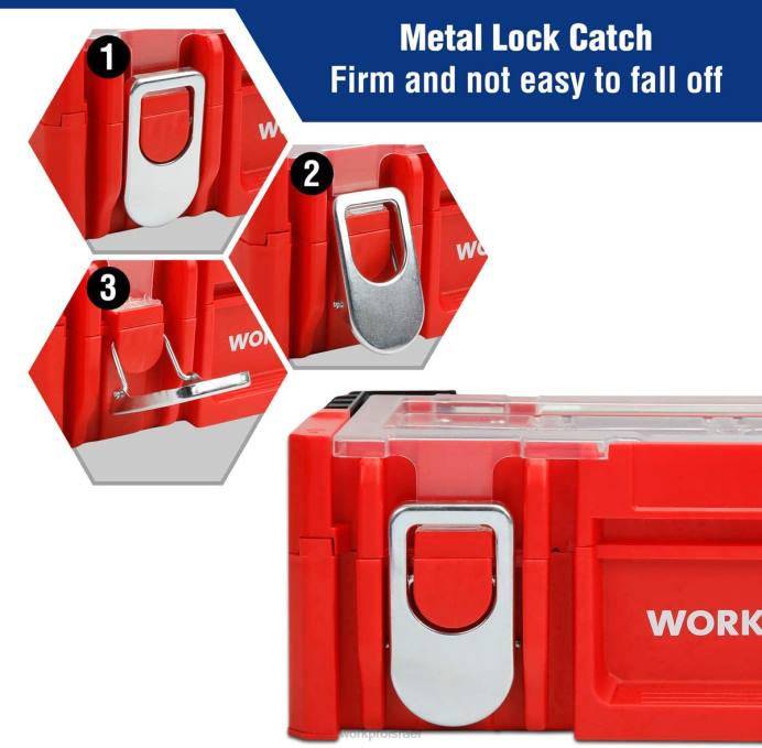 אָדוֹם WORKPRO ארגז כלים מפלסטיק 17 אינץ', ארגז אחסון עם מכסה נעילה וידית נירוסטה אִחסוּן L40Z25