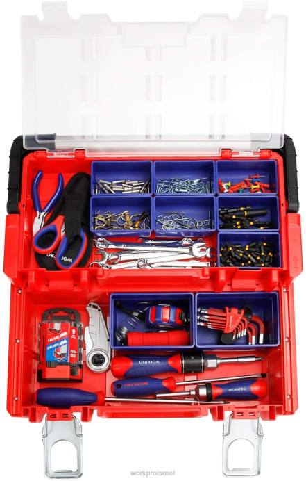 אָדוֹם WORKPRO ארגז כלים מפלסטיק 17 אינץ', ארגז אחסון עם מכסה נעילה וידית נירוסטה אִחסוּן L40Z25