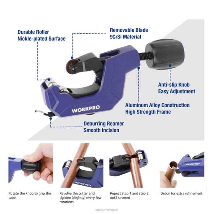 מוֹעִיל WORKPRO חותך צינורות, חותך צינורות בגודל 1/8 עד 1-1/8 אינץ', חותך צינורות כבד עבור צינורות אלומיניום דק נחושת pvc כְּלִי L40Z153