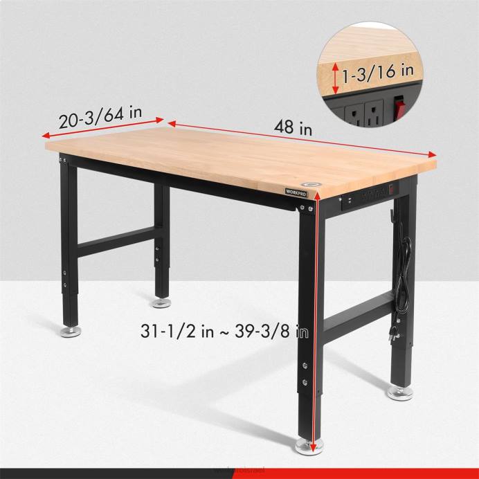 מוֹעִיל WORKPRO שולחן עבודה מתכוונן 2000 פאונד קיבולת עומס מעץ קשה עם שקעי חשמל אִחסוּן L40Z1