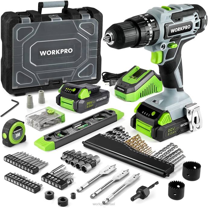 מוֹעִיל WORKPRO סט מקדחה אלחוטית מקסימום 20V, כלי מקדחה חשמלית עם 102 חלקים אביזרים, 2 x 2.0ah סוללות Li-ion עם מטען מהיר כְּלִי L40Z170