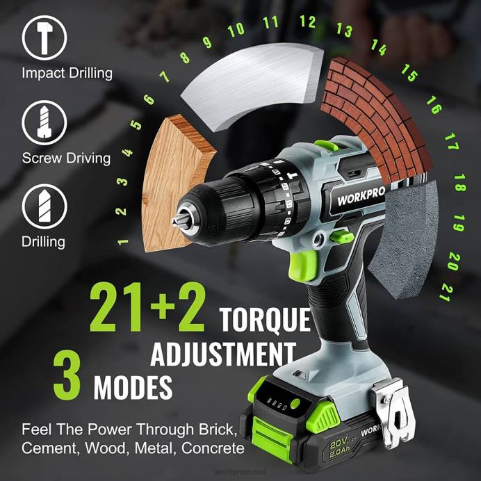 מוֹעִיל WORKPRO סט מקדחה אלחוטית מקסימום 20V, כלי מקדחה חשמלית עם 102 חלקים אביזרים, 2 x 2.0ah סוללות Li-ion עם מטען מהיר כְּלִי L40Z170