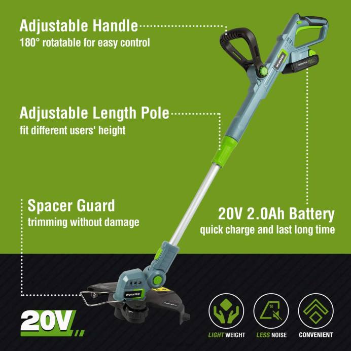 מוֹעִיל WORKPRO גוזם מיתרים אלחוטי 20V / קצוות 12 אינץ' עם סוללת ליתיום יון 2ah 1 שעה מטען מהיר 16.4ft קו גוזם כלול כְּלִי L40Z293