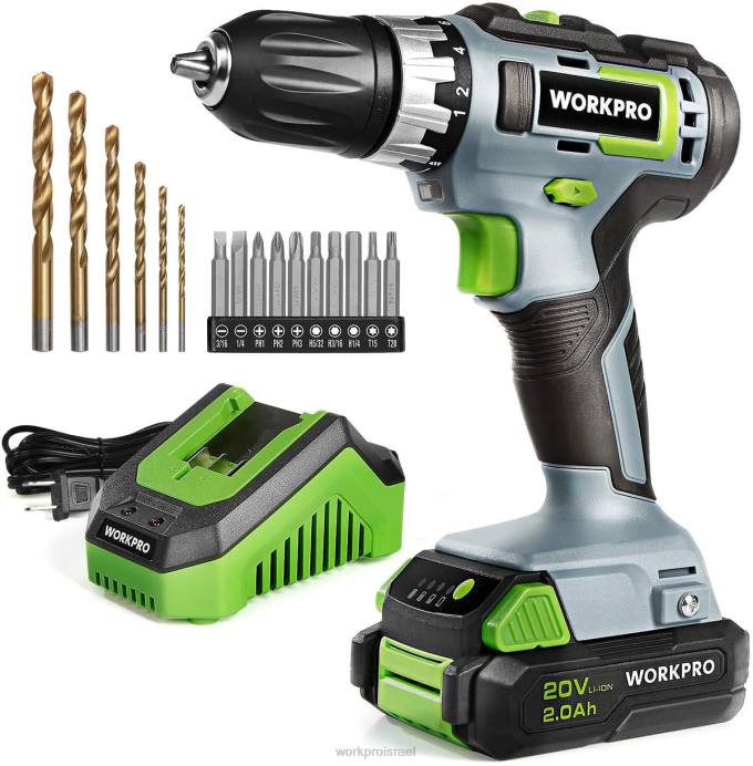 מורדן WORKPRO ערכת מקדחים/נהגים אלחוטיים במהירות משתנה 20V, הגדרות מומנט 18+2 סוללת ליתיום 2.0 אה ומטען מהיר לשעה כְּלִי L40Z172