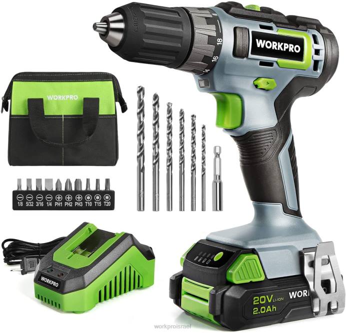 ירוק WORKPRO ערכת כונן מקדחה אלחוטית 20V, סוללת ליתיום 2.0 אה, מטען מהיר לשעה אחת ושקית אחסון בגודל 11 אינץ' כלולה כְּלִי L40Z176