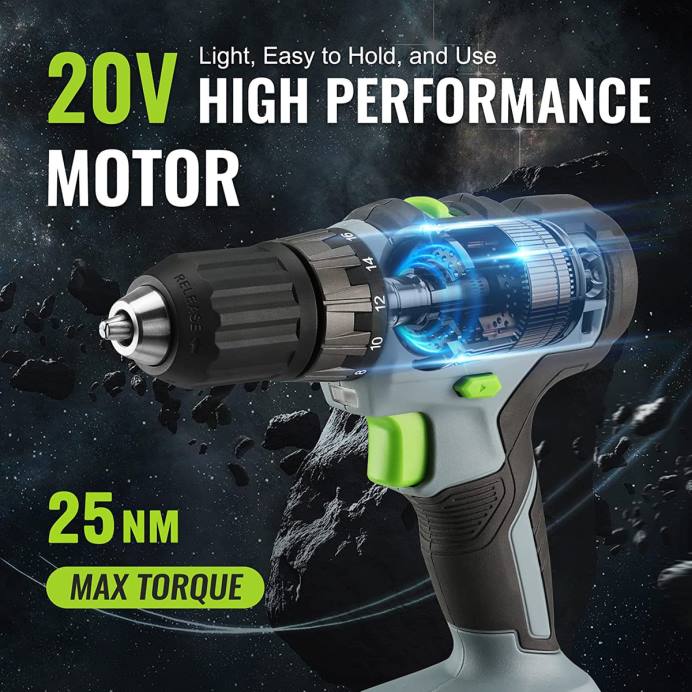 ירוק WORKPRO ערכת כונן מקדחה אלחוטית 20V, סוללת ליתיום 2.0 אה, מטען מהיר לשעה אחת ושקית אחסון בגודל 11 אינץ' כלולה כְּלִי L40Z176