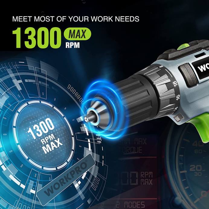ירוק WORKPRO ערכת כונן מקדחה אלחוטית 20V, סוללת ליתיום 2.0 אה, מטען מהיר לשעה אחת ושקית אחסון בגודל 11 אינץ' כלולה כְּלִי L40Z176