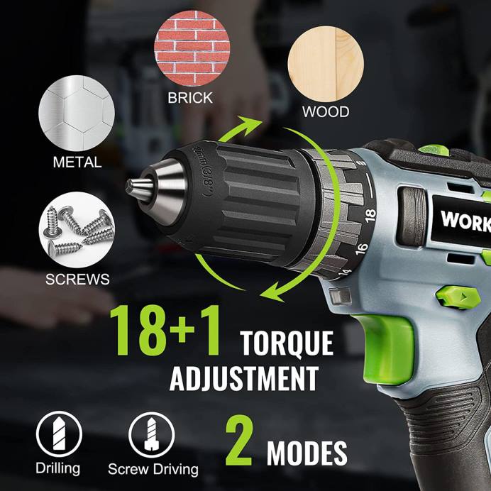 ירוק WORKPRO ערכת כונן מקדחה אלחוטית 20V, סוללת ליתיום 2.0 אה, מטען מהיר לשעה אחת ושקית אחסון בגודל 11 אינץ' כלולה כְּלִי L40Z176