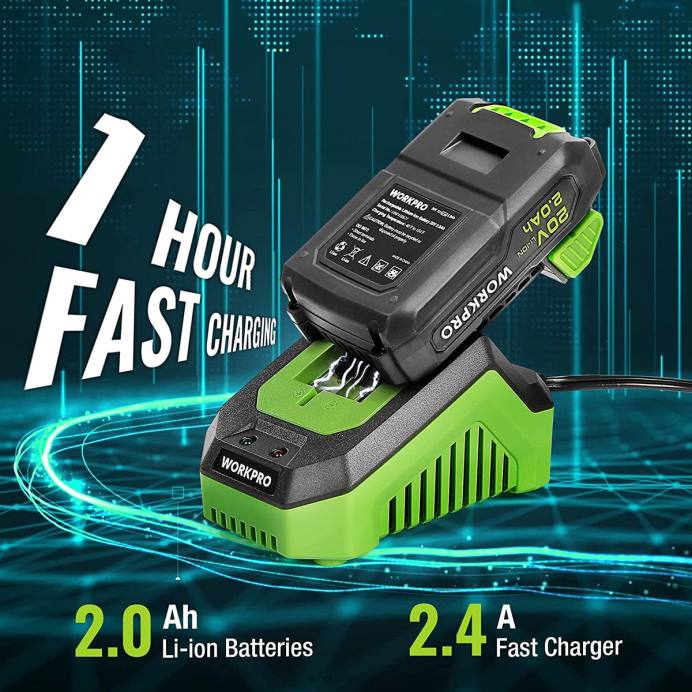ירוק WORKPRO ערכת כונן מקדחה אלחוטית 20V, סוללת ליתיום 2.0 אה, מטען מהיר לשעה אחת ושקית אחסון בגודל 11 אינץ' כלולה כְּלִי L40Z176