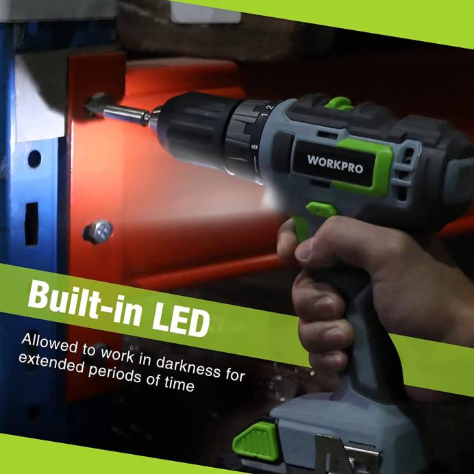 ירוק WORKPRO ערכת כונן מקדחה אלחוטית 20V, סוללת ליתיום 2.0 אה, מטען מהיר לשעה אחת ושקית אחסון בגודל 11 אינץ' כלולה כְּלִי L40Z176
