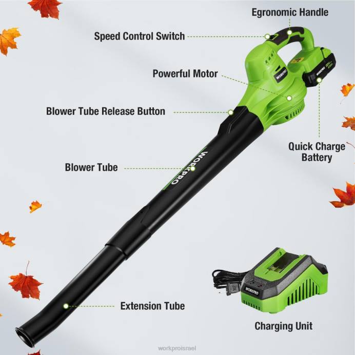 מורדן WORKPRO מפוח עלים מיני קל משקל 20V עם סוללה ומטען, בקרת 2 מהירויות כְּלִי L40Z303