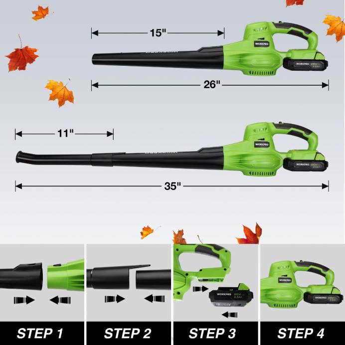 מורדן WORKPRO מפוח עלים מיני קל משקל 20V עם סוללה ומטען, בקרת 2 מהירויות כְּלִי L40Z303