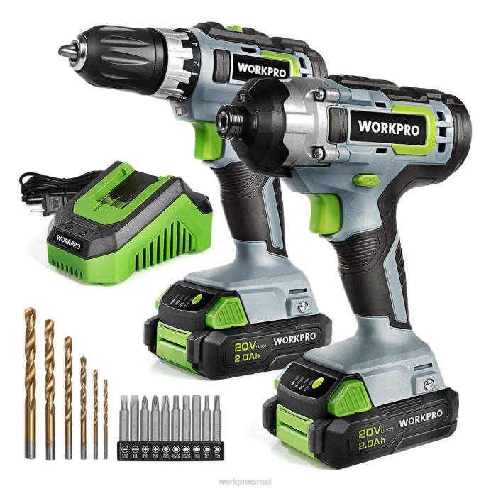 מוֹעִיל WORKPRO ערכת מקדחה אלחוטית משולבת 20V, כונן מקדחה ומתקן אימפקט עם 2x 2.0ah סוללות ומטען מהיר לשעה כְּלִי L40Z169