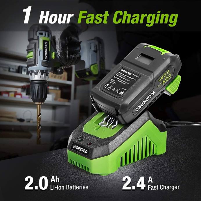 מוֹעִיל WORKPRO ערכת מקדחה אלחוטית משולבת 20V, כונן מקדחה ומתקן אימפקט עם 2x 2.0ah סוללות ומטען מהיר לשעה כְּלִי L40Z169