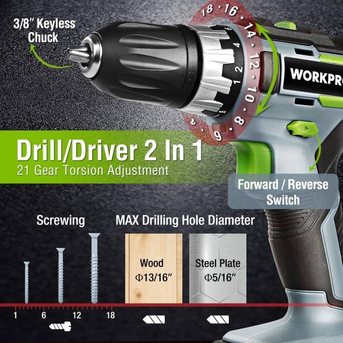מוֹעִיל WORKPRO ערכת מקדחה אלחוטית משולבת 20V, כונן מקדחה ומתקן אימפקט עם 2x 2.0ah סוללות ומטען מהיר לשעה כְּלִי L40Z169