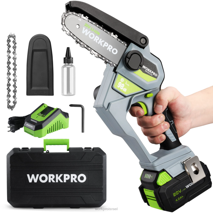 מורדן WORKPRO מסור חשמלי קומפקטי ללא מברשות 20V עם סוללה 4.0ah ושרשרת חלופית כְּלִי L40Z298