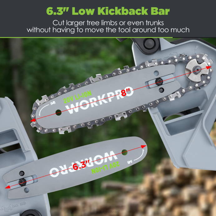 מורדן WORKPRO מסור חשמלי קומפקטי ללא מברשות 20V עם סוללה 4.0ah ושרשרת חלופית כְּלִי L40Z298